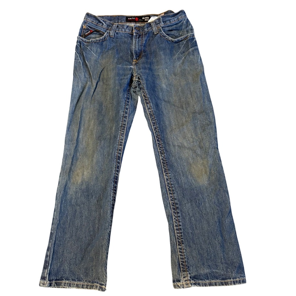 Ariat M4 FR Work Jeans Mens 32x30 Blue Relaxed Boot Distressed 10012552